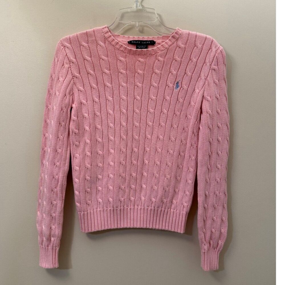 Vintage Ralph Lauren Blue Label Pink Cable Knit Crewneck Cotton Sweater Small